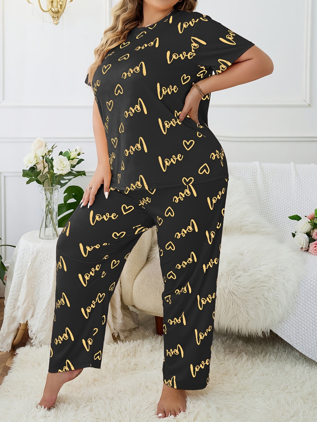 Plus Size Cozy Pajama Set Women Polyester Black with Gold Heart Print