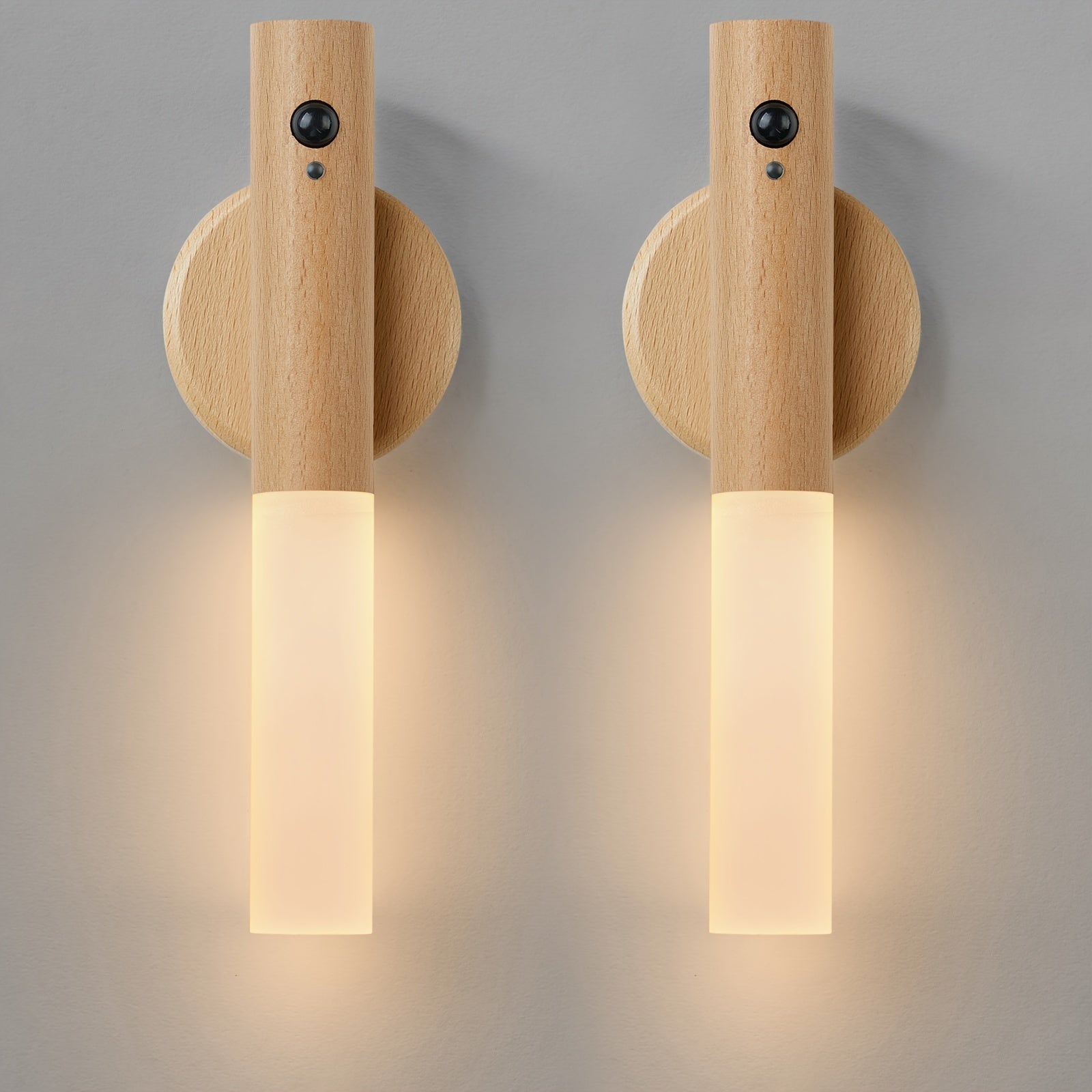 Modern Beech Wood LED Wall Sconces with Motion Sensor Rechargeable Night Lights for Bedroom Hallway