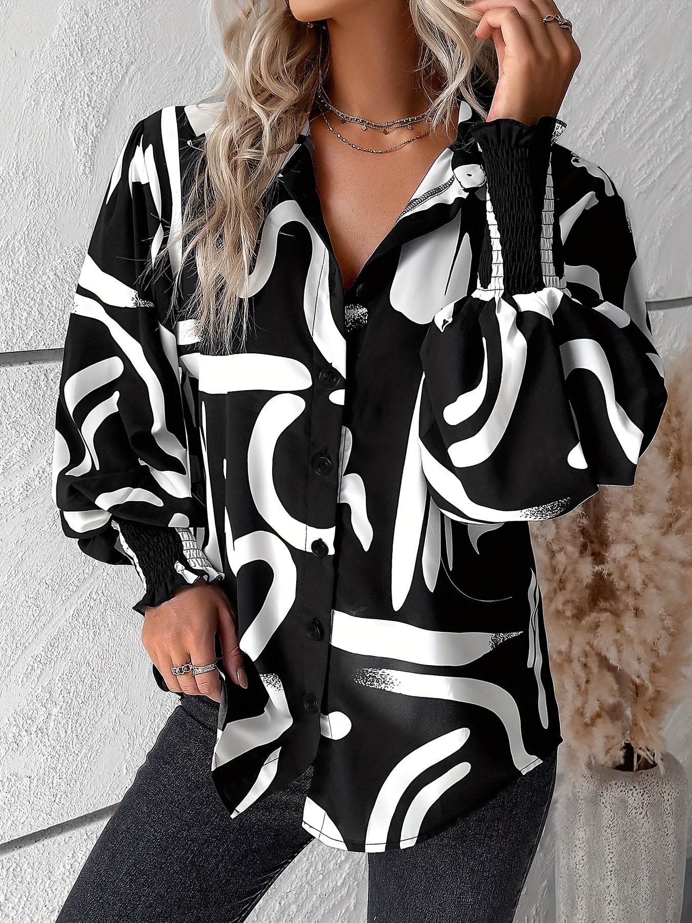 Plus Size Geometric Print Button Front Shirt Long Sleeve Spring Fall Womens Clothing