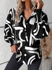 Plus Size Geometric Print Button Front Shirt Long Sleeve Spring Fall Womens Clothing