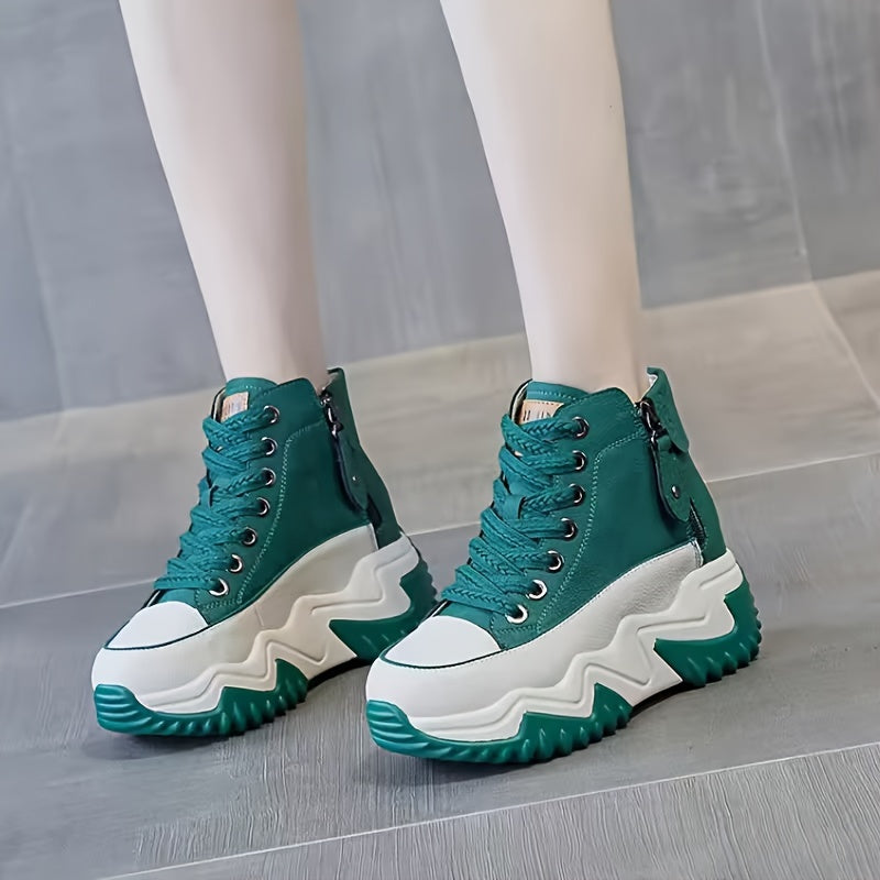 Women's Chunky Platform Dad Sneakers Mid-Top Casual Shoes Breathable PU Rubber Sole