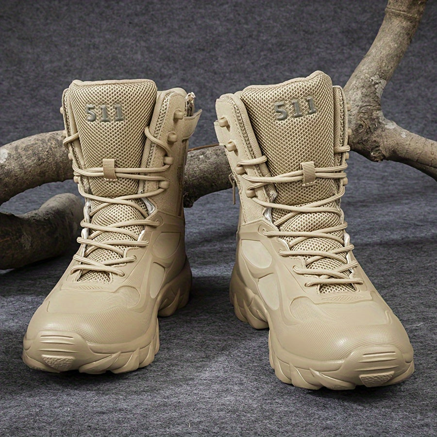 Men's High-Top Tactical Boots Beige Stripes Non-Slip EVA Sole Outdoor Casual