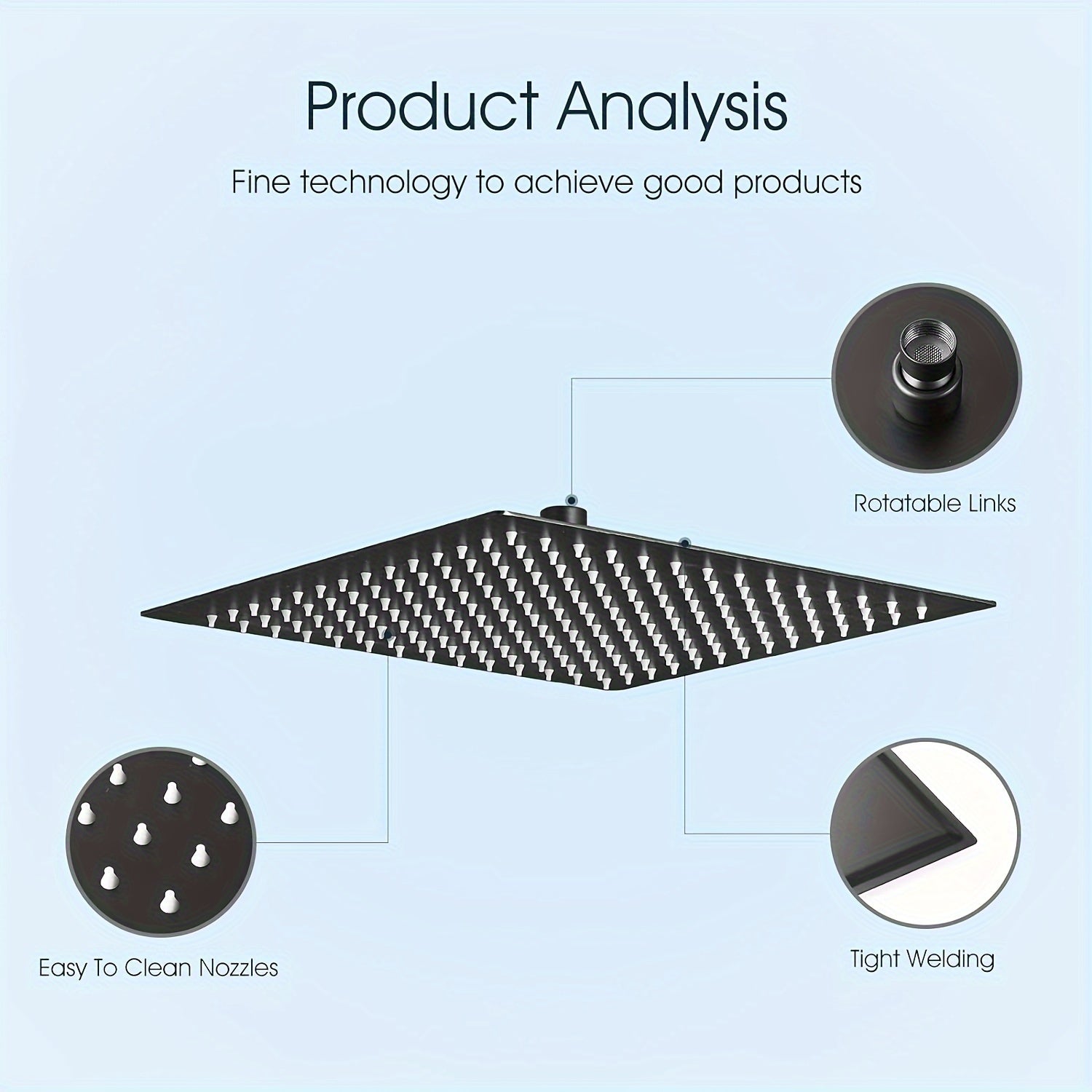 Mat qora rangdagi zanglamaydigan po'lat kvadrat dush boshligi, yuqori bosim, zanglamas dizayn, qattiq suv filtri. 20.32 sm, 25.4 sm, 30.48 sm o'lchamlarida mavjud.