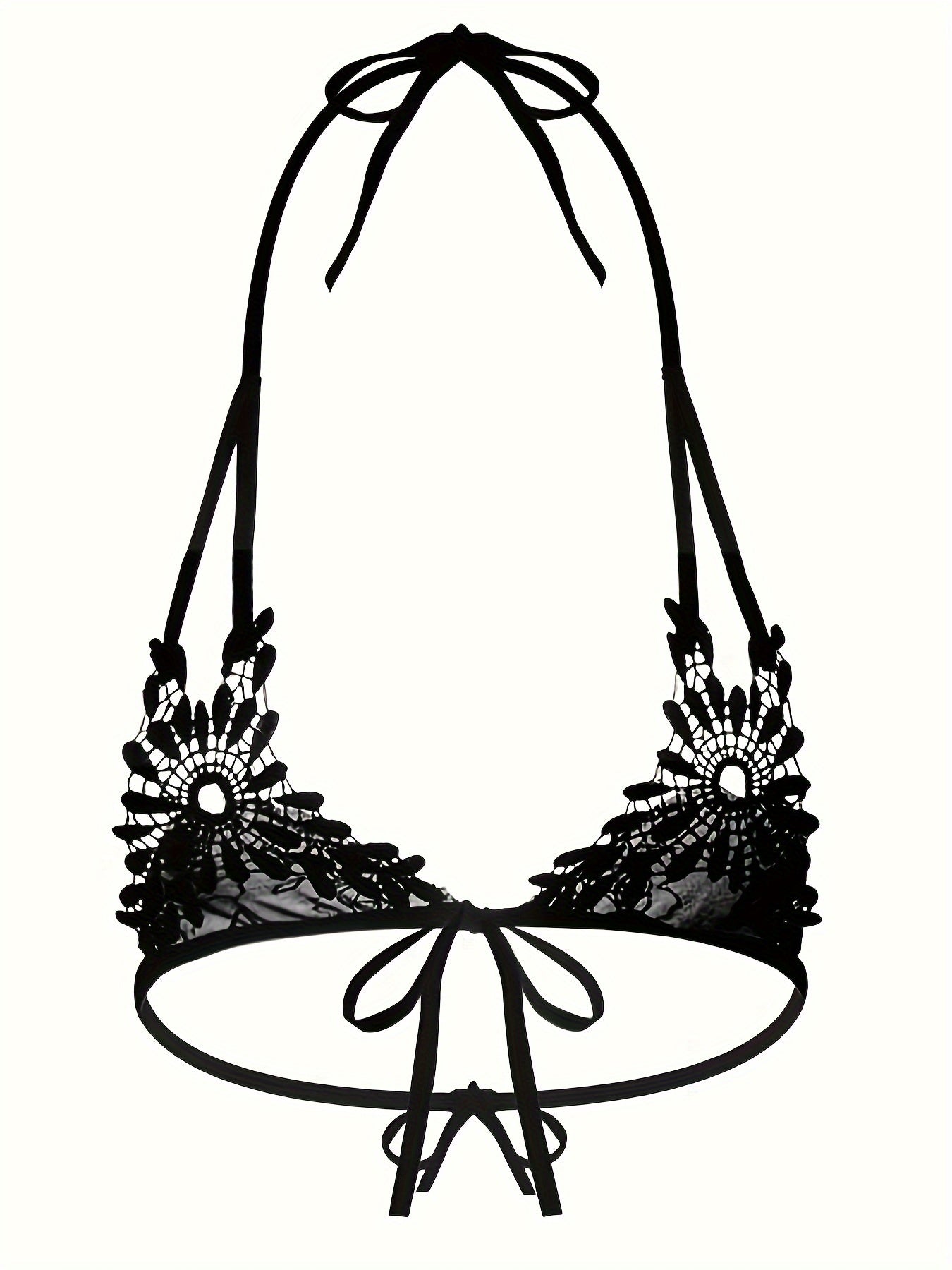 Conjunto de lencería negra de encaje para mujer con sujetador halter sin espalda con tirantes y tanga