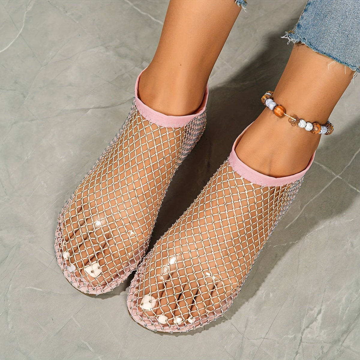 Women's Mesh Rhinestone Flat Sandals with Elastic Band and Cut-Out Design