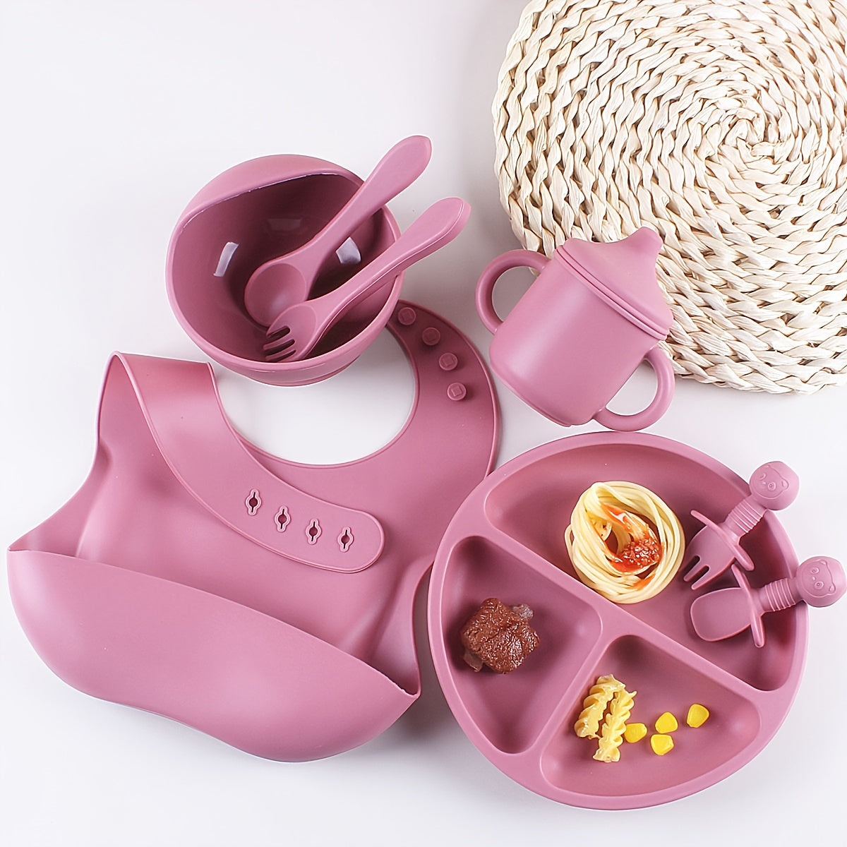 8pcs Silicone Baby Feeding Set Divided Plate Bowl Spoon Fork Bib Learning Cup for Toddlers