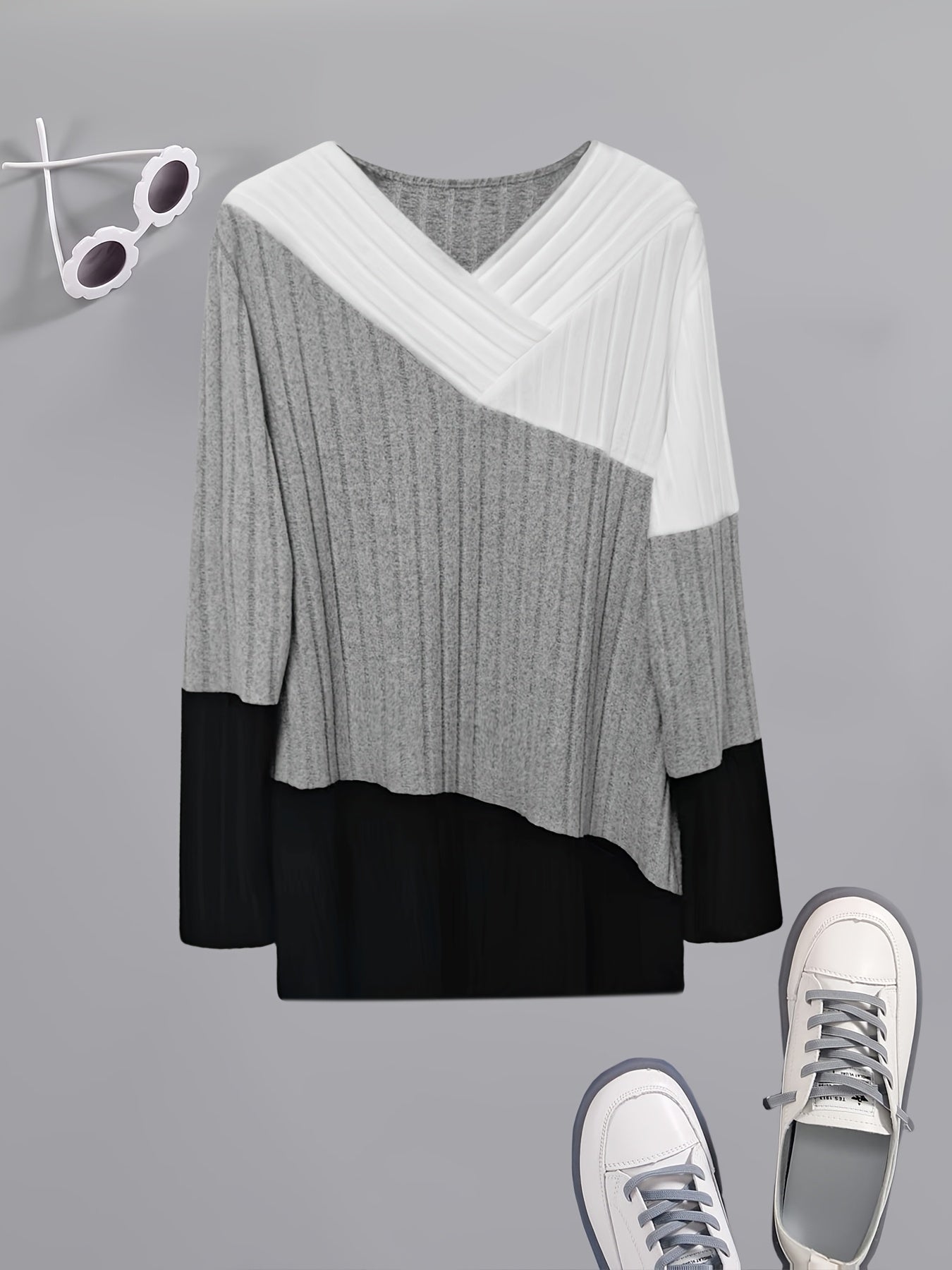 Women's Color Block V-Neck Sweater Polyester Knit Spring Fall Stylish