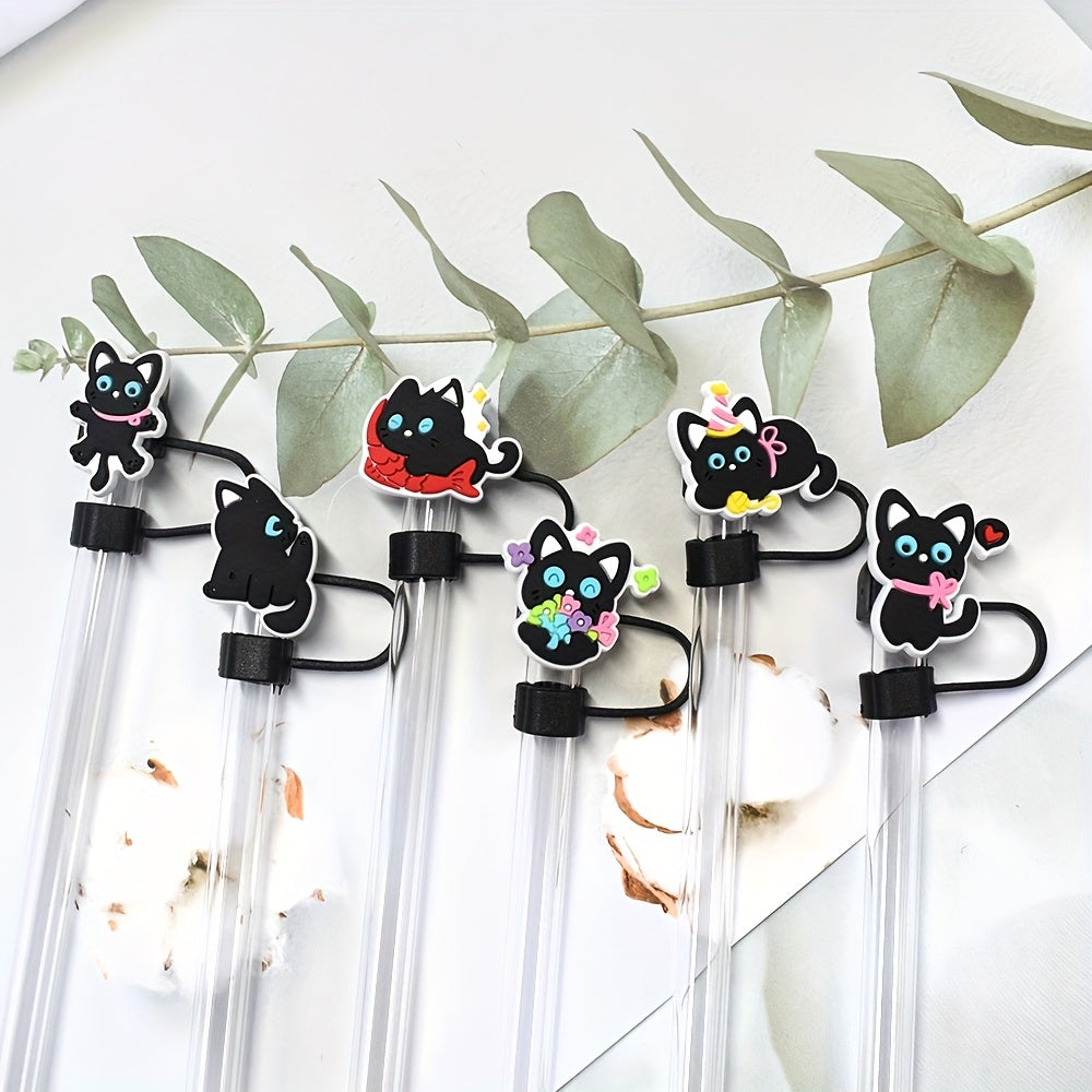 6PCS Black Cat Style Plastic Straw Toppers Reusable Animal Drink Covers