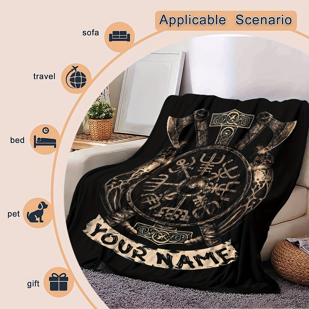 Personalized Viking Totem Print Flannel Blanket Polyester Geometric Shaped All Seasons Gift