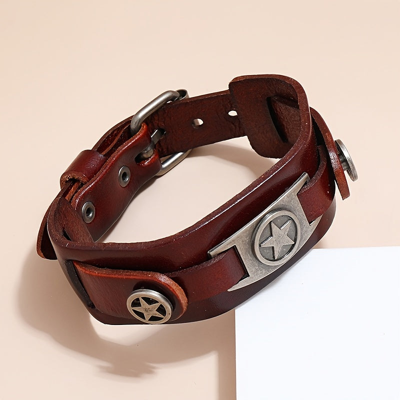 Men's Punk Rock Leather Bracelet with Zinc Alloy Star Pendant Non-Magnetic Fashion Accessory