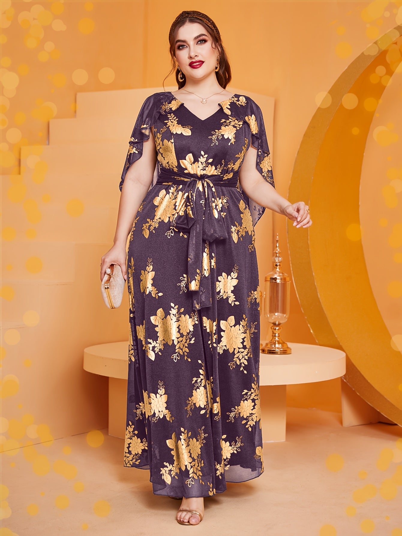 Plus Size Women's Maxi Dress V-Neck Floral Print Sleeveless Burgundy Golden All-Season Formal Evening