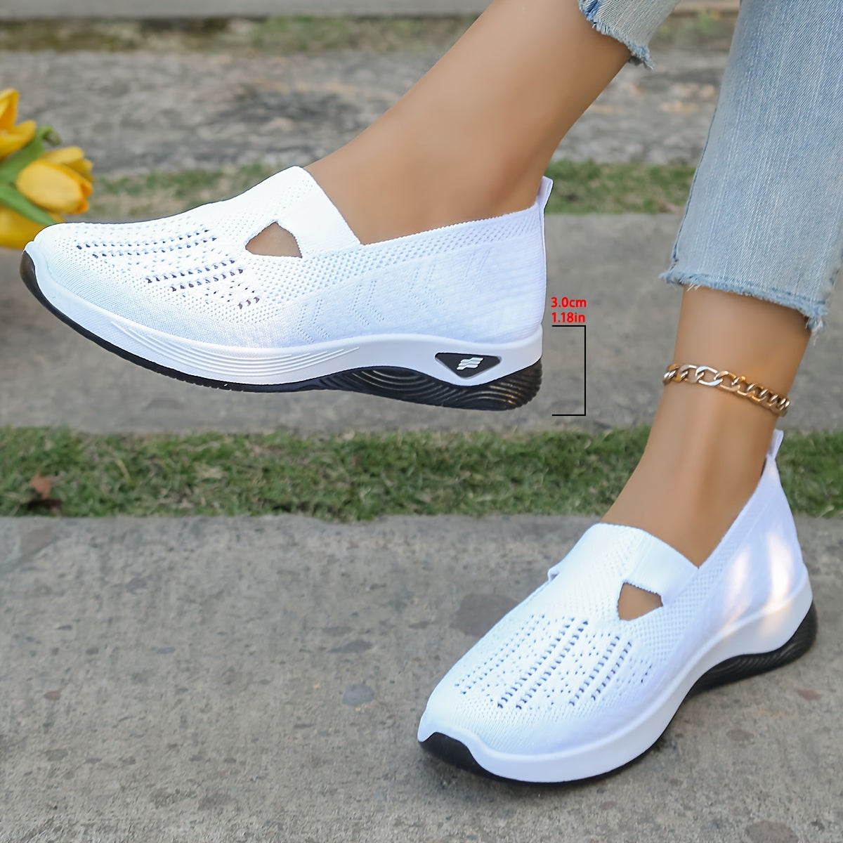 Women’s Breathable Knit Slip-On Flats Casual Walking Shoes White Black Sole