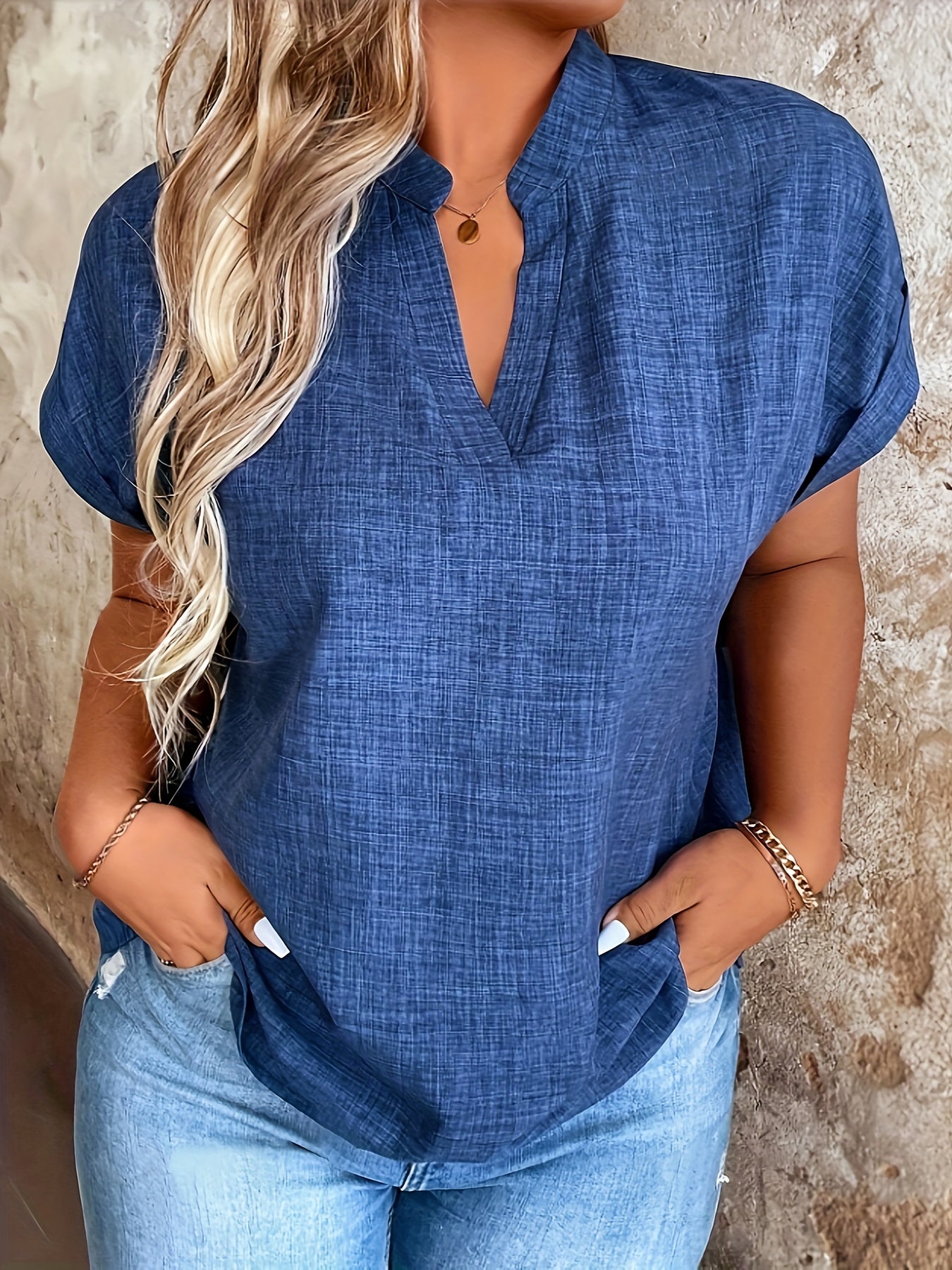 Women's Blue V-Neck Blouse with Batwing Sleeves for Spring Summer