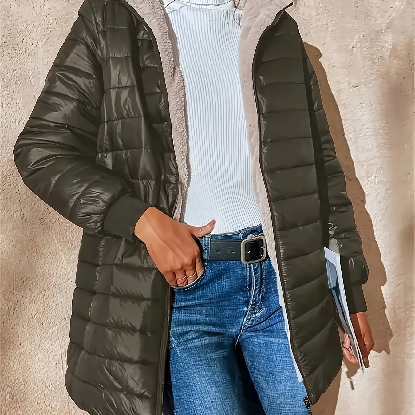 Women's Polyester Long Jacket with Long Sleeves and Pockets