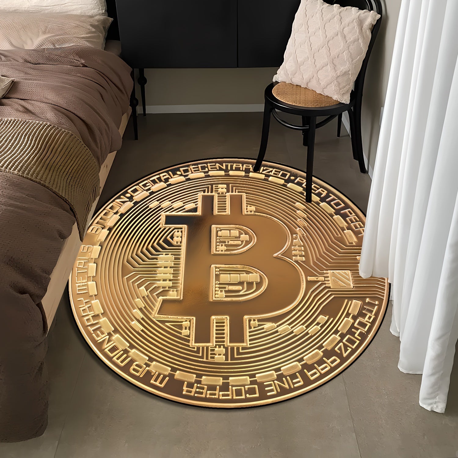 Bitcoin Pattern Round Rug, Stain Resistant, Home Decor, 1pc