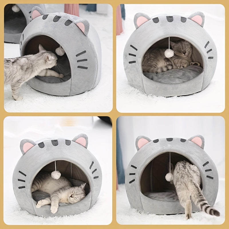 Gray Hooded Cat Bed with Pink Ears, Soft Interior, Washable Cushion