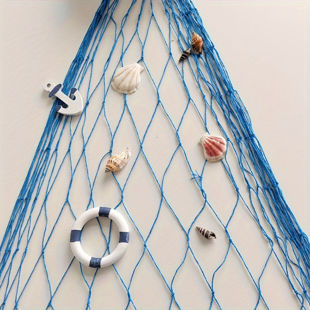 Nautical Blue Fishing Net Wall Decor with Seashells for Ocean-Themed Events