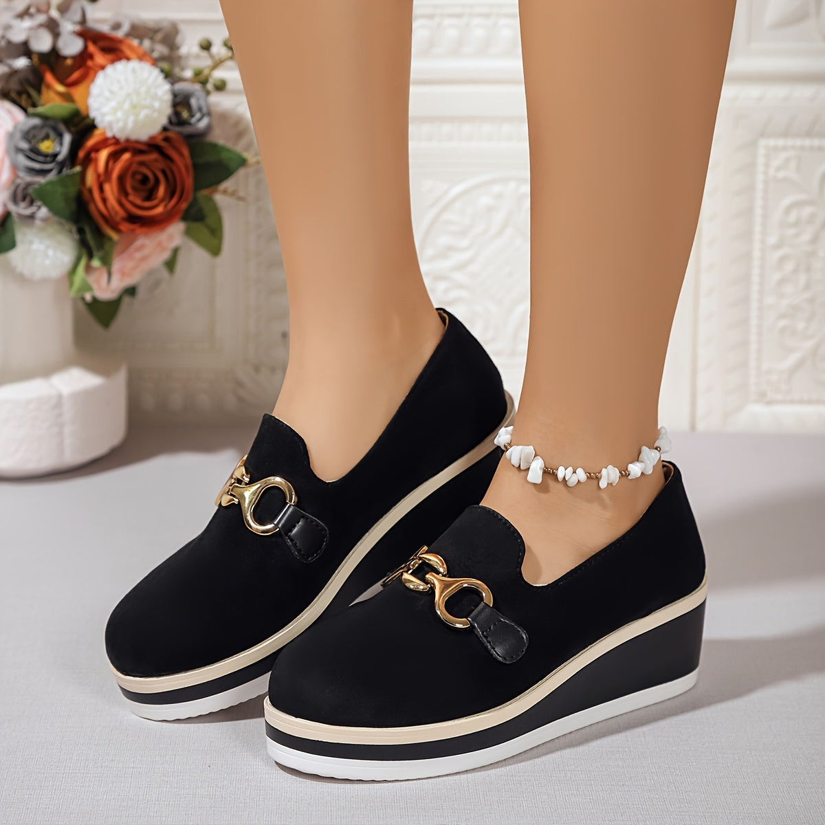Women's Black Slip-On Loafers with Gold Buckle, Comfortable Platform Shoes