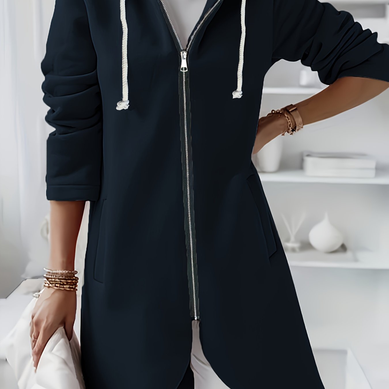 Women's Fleece-Lined Zip-Up Hoodie Casual Street Style Dark Green Drawstring Pocket