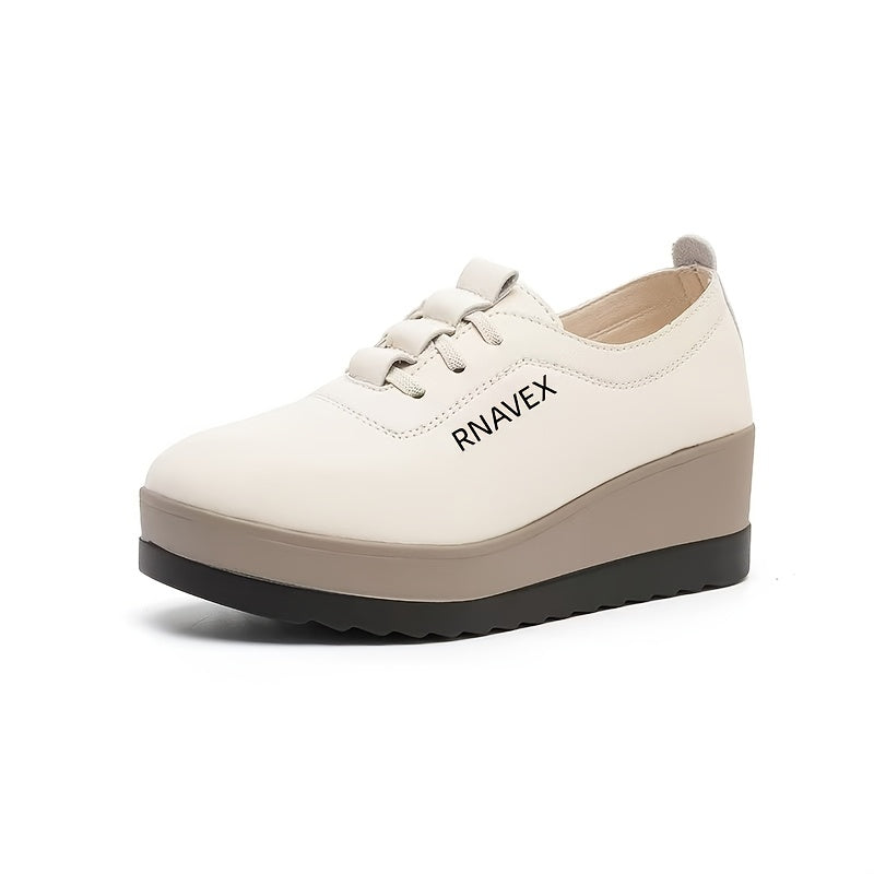 Women's Beige Faux Leather Casual Sneakers with Thick Soles and Chunky Heels