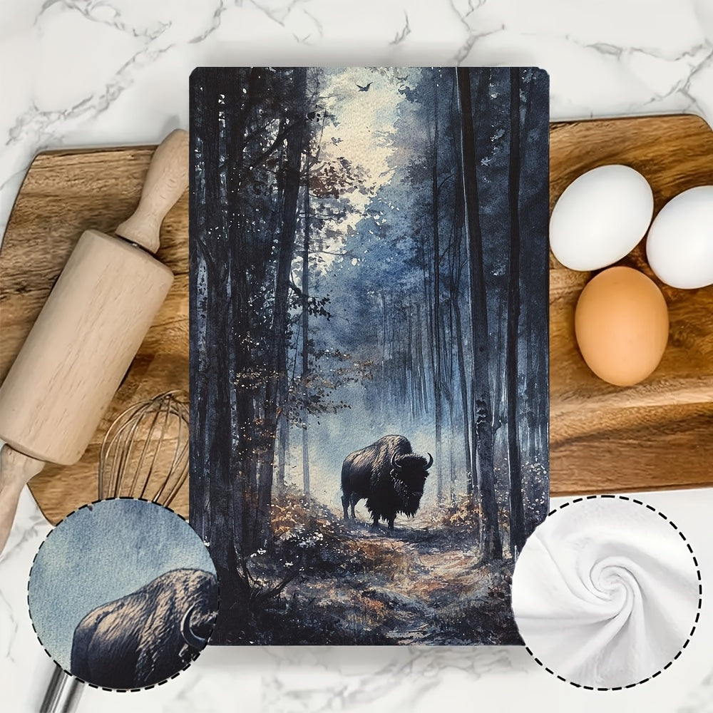 Ultra Soft Kitchen Towels Set of 2 Bison Woods Scene 40x60cm Absorbent