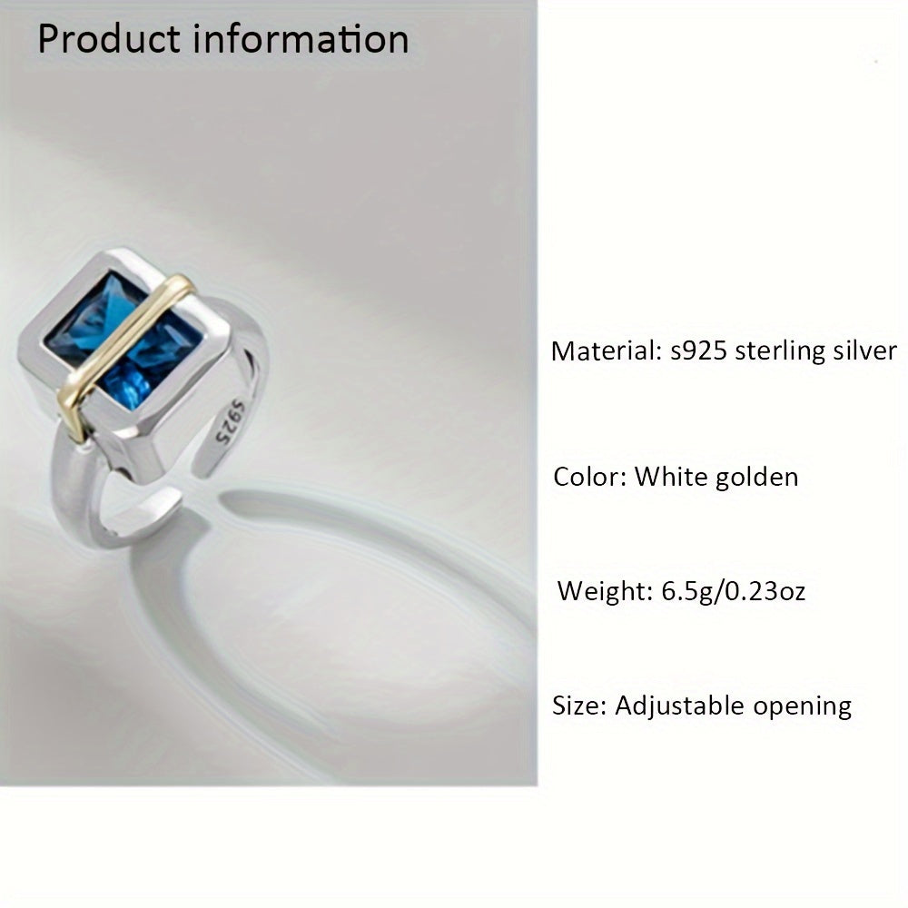 Sterling Silver Square Ring for Women with Blue Artificial Diamond Jewelry Gift