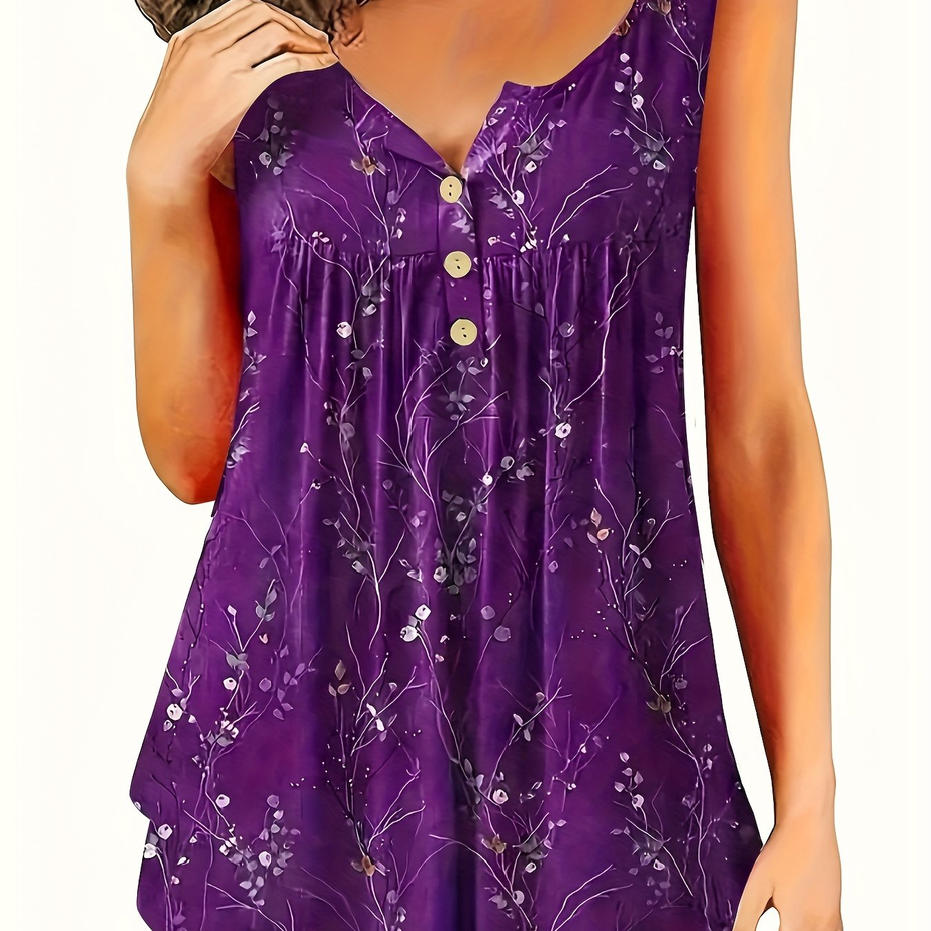 Plus Size Tank Top with Pleats and Button Front for Women