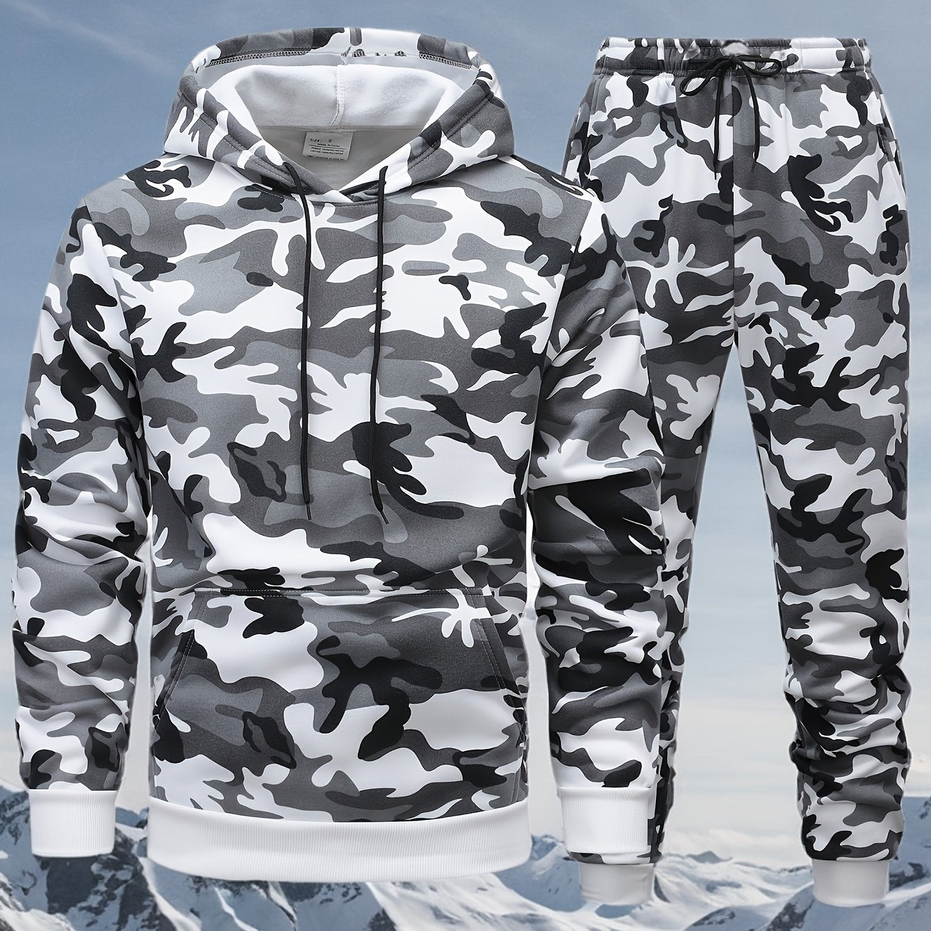 Men's Camo Hooded Sweatshirt and Pants Set for Outdoor Activities in Fall Winter 100% Polyester Drawstring 3D Printing
