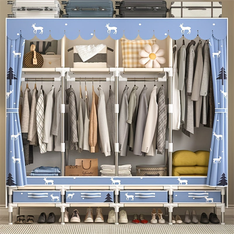 Wooden Bedroom Wardrobe with Steel Frame and Multiple Storage Compartments