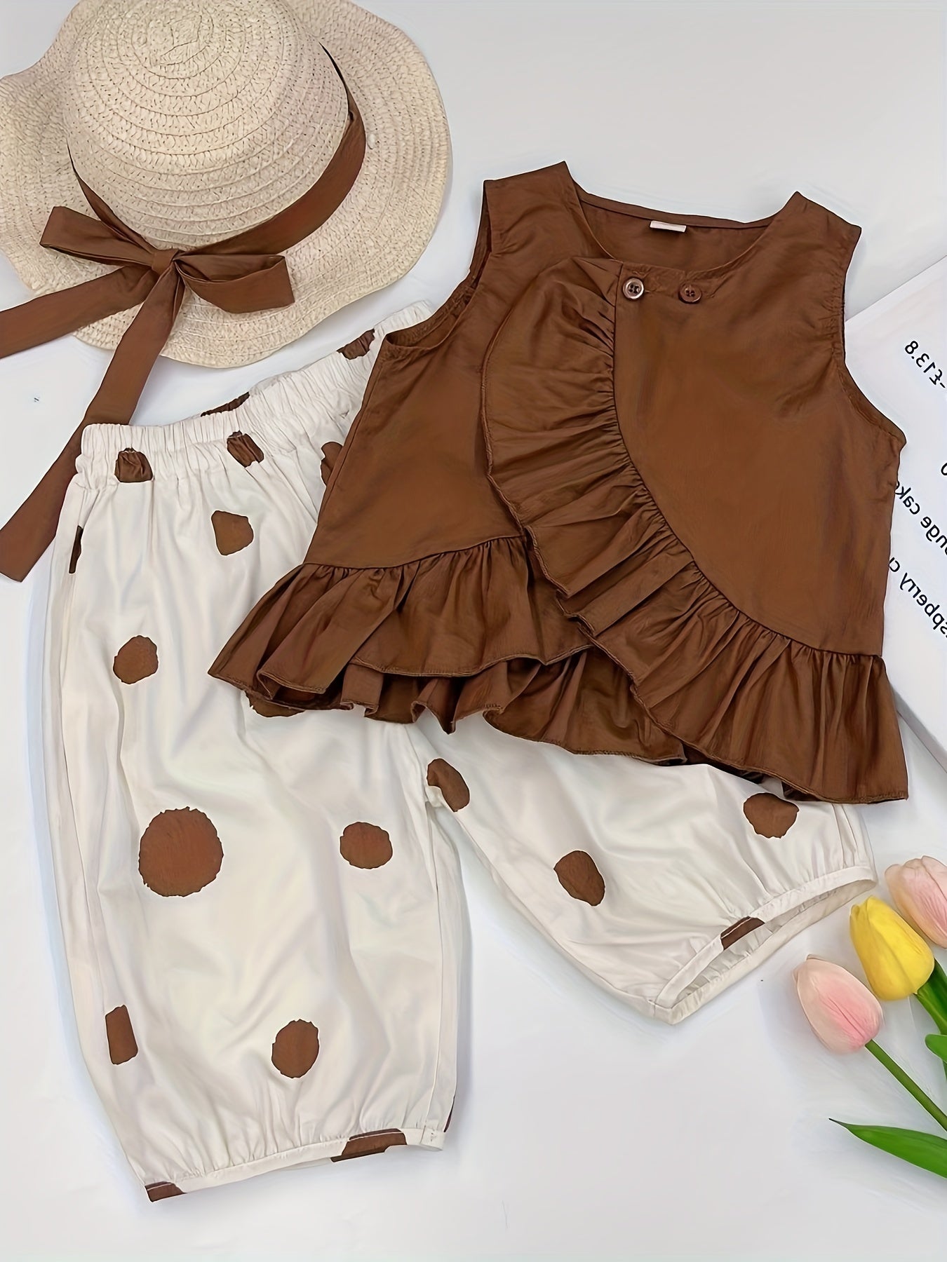 Girls Summer Sleeveless Doll Shirt and Wide Leg Pants Set