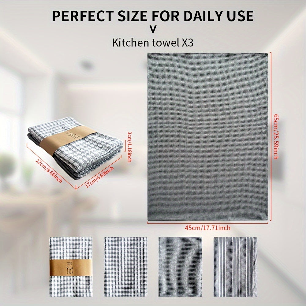 Set of 3 Grey Waffle Weave Kitchen Towels 45x65 cm for Drying Dishes and Hands