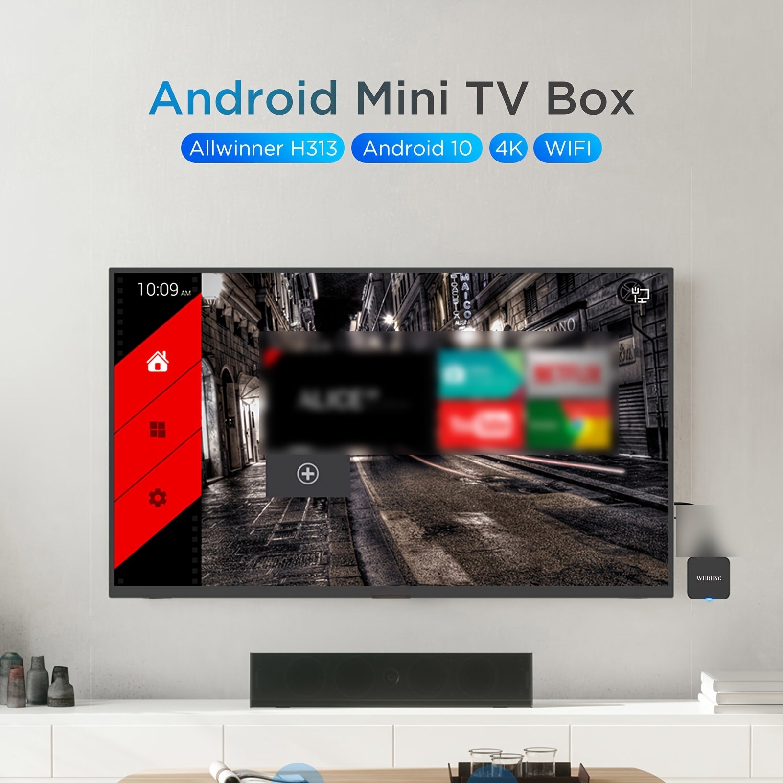 Caja de TV mini inteligente con Android 10.0 soporte 4K montable en pared procesador quad-core