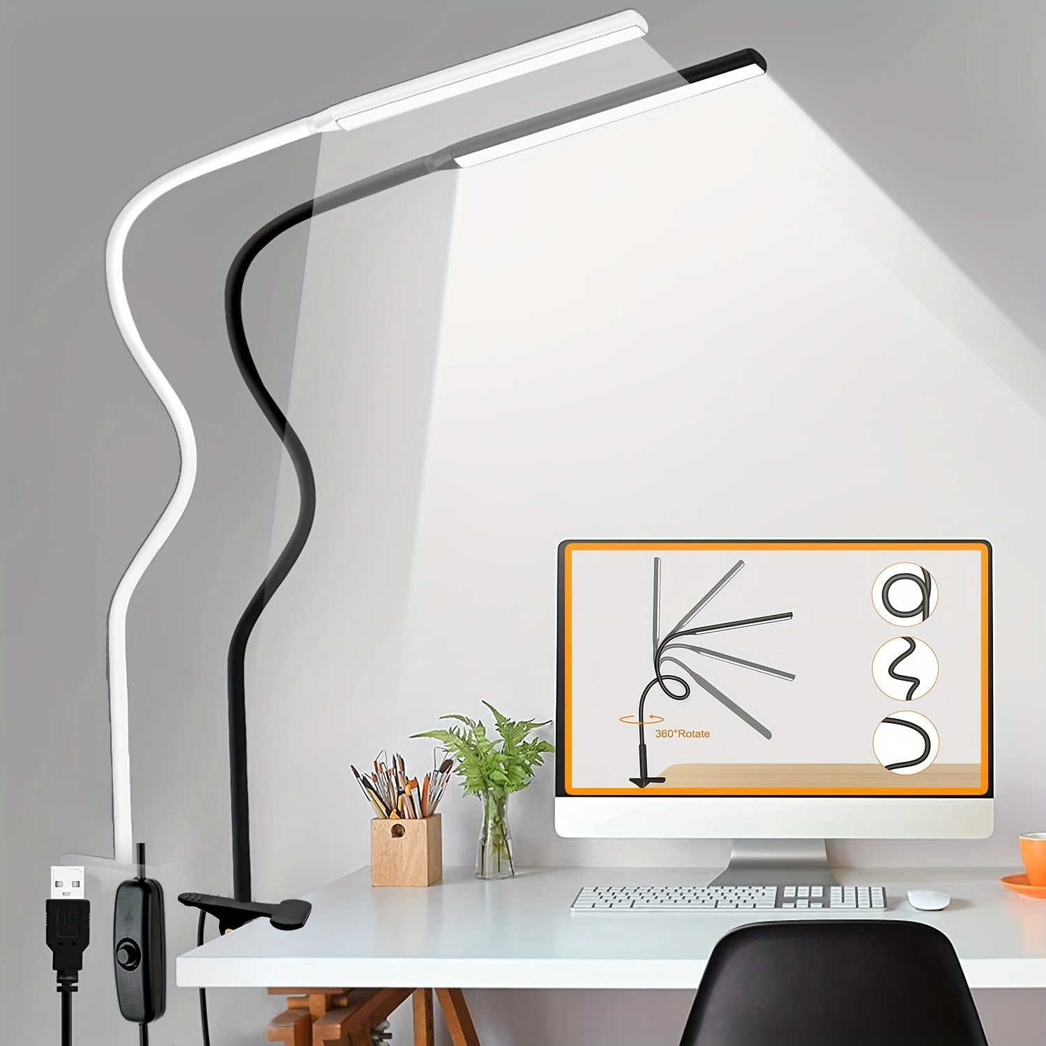 LED Swing Arm Desk Lamp with Clamp, Flexible Gooseneck, Eye-Caring Architect Light, USB Power, Switch, Black or White