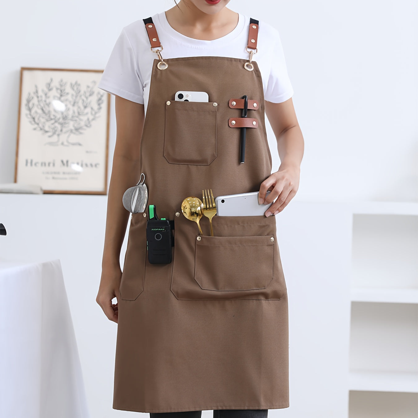 High-End Canvas Apron with Four Pockets for Kitchen Restaurant Cooking and Baking