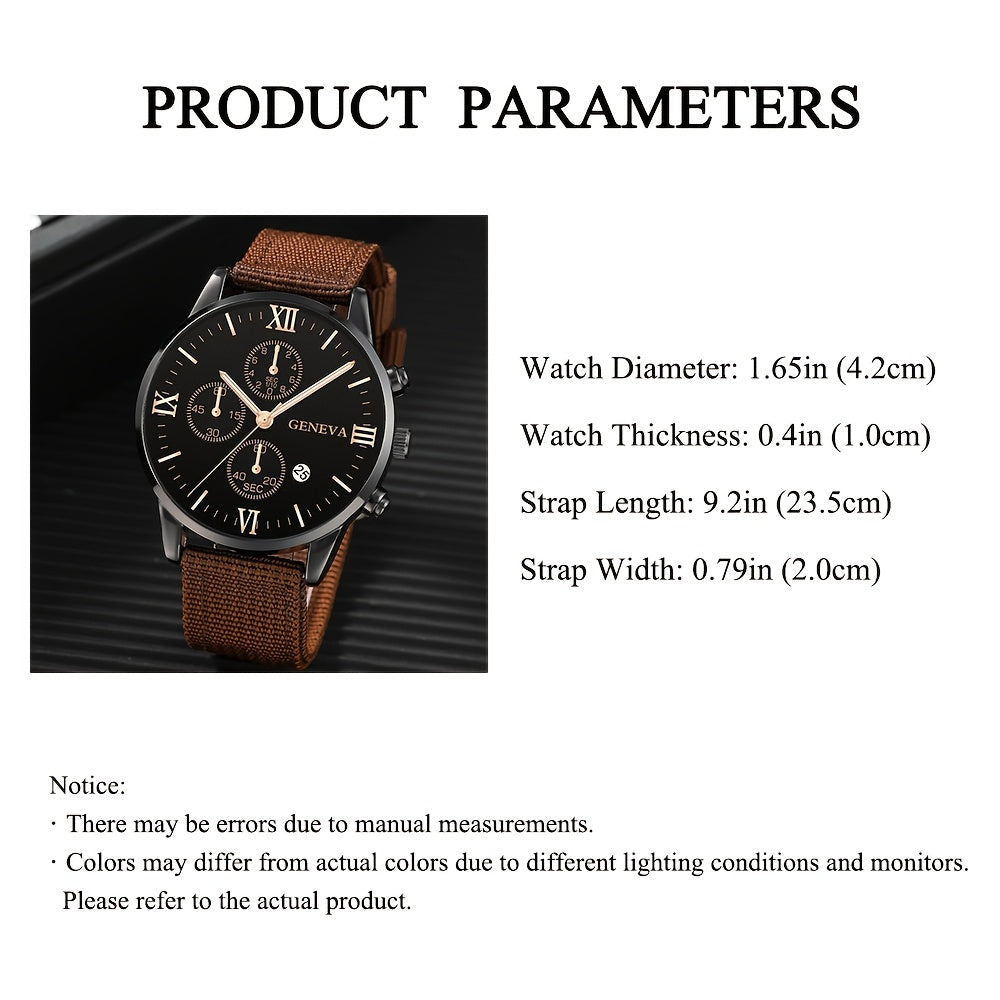 Men's Watch Set Black Nylon Strap Casual Industrial Style Round Dial Quartz Watch with 3 Bracelets