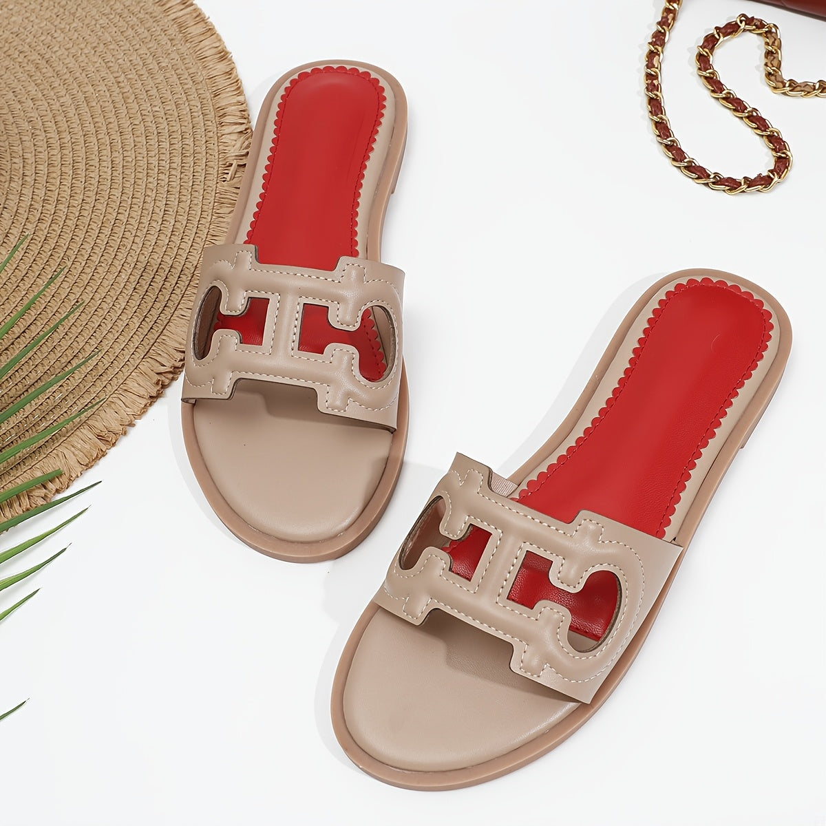 Women's Summer Slip-On Slippers Black PU Open-Toe Flat Casual