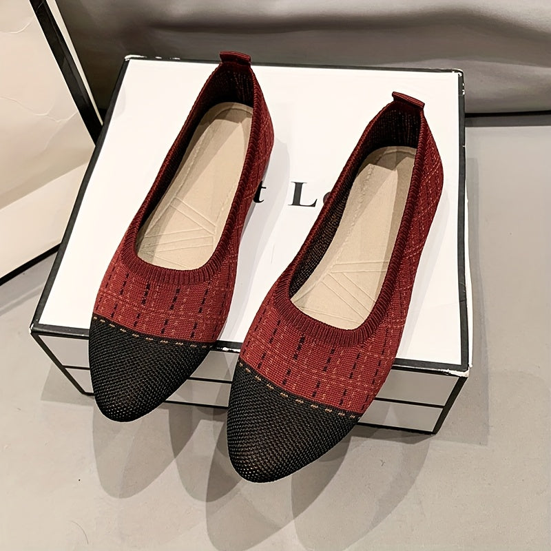 Women's Knit Slip-On Flats with Pointed Toe Black Beige Summer Shoes