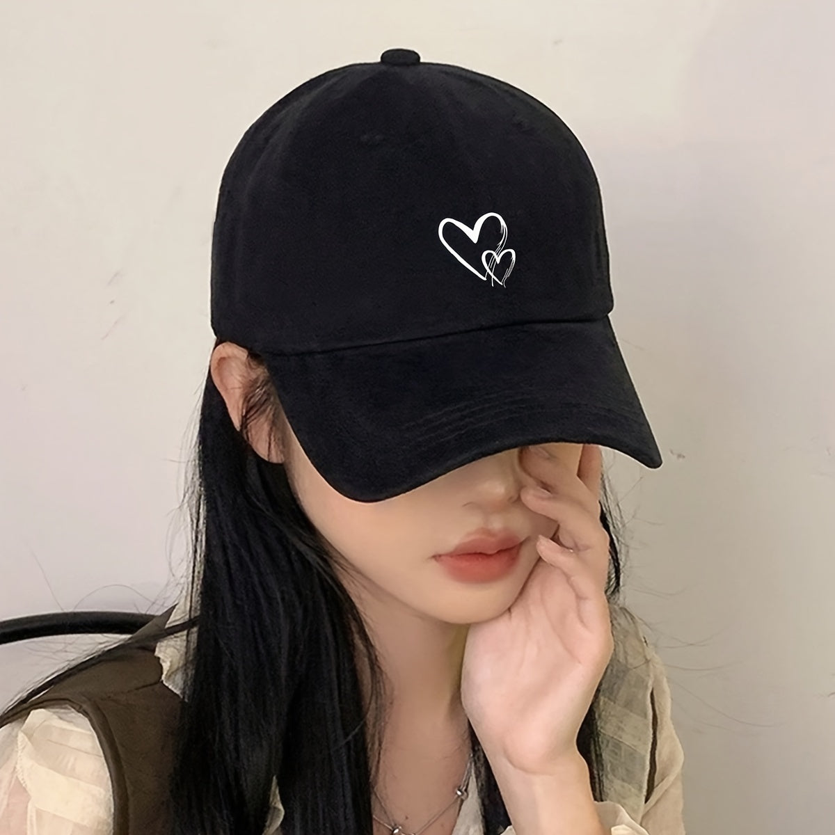 Women's Black Adjustable Baseball Cap with Love Heart Print Breathable Polyester Sun Hat