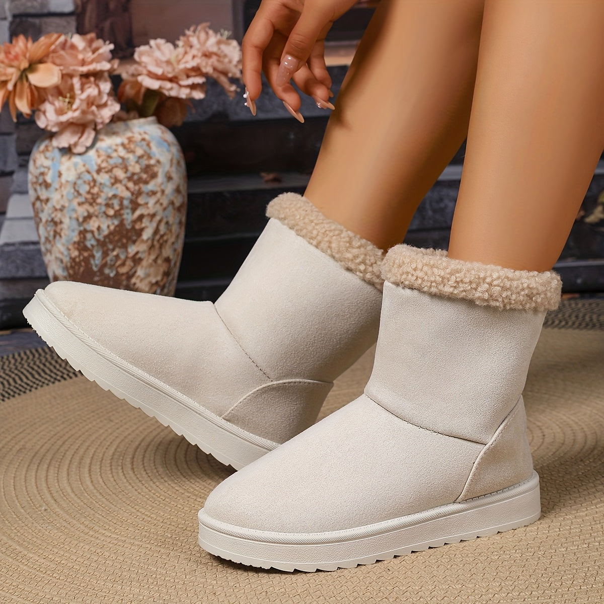 Women's Beige Snow Boots Slip-On Winter Shoes Cushioned Sole