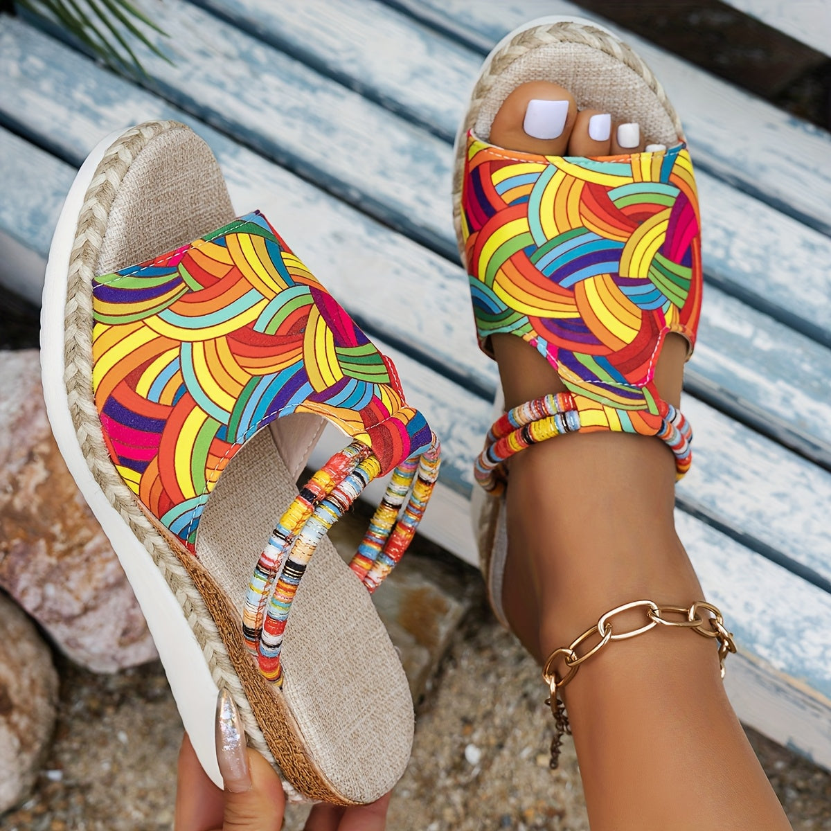 Women's Bohemian Style Slide Sandals Vibrant Geometric Pattern Open Toe