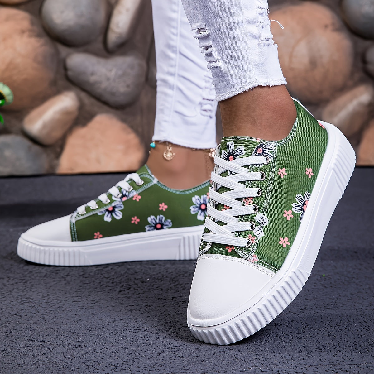 Women's Canvas Sneakers Casual Lace-Up Flats with Floral Print