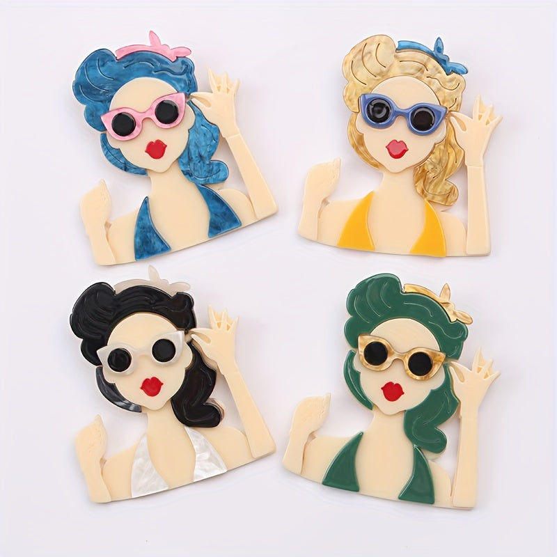 Vintage uslubidagi akril pin, kiyim aksessuarlari uchun mukammal retro ko'zoynakli ayol boshli pendant