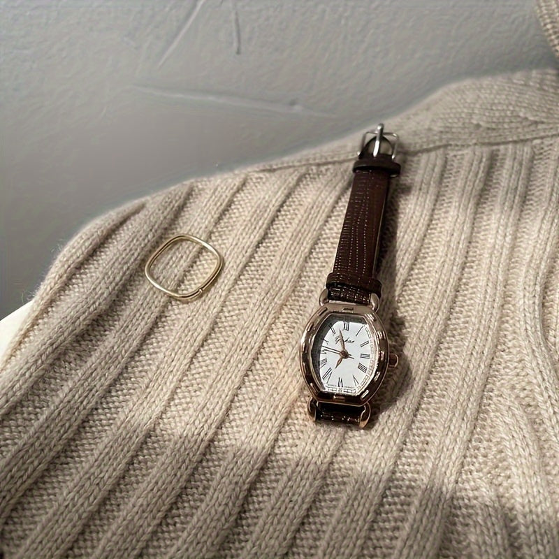 Vintage Oval Wrist Watch with Petite Artistic Dial and Brown Leather Strap