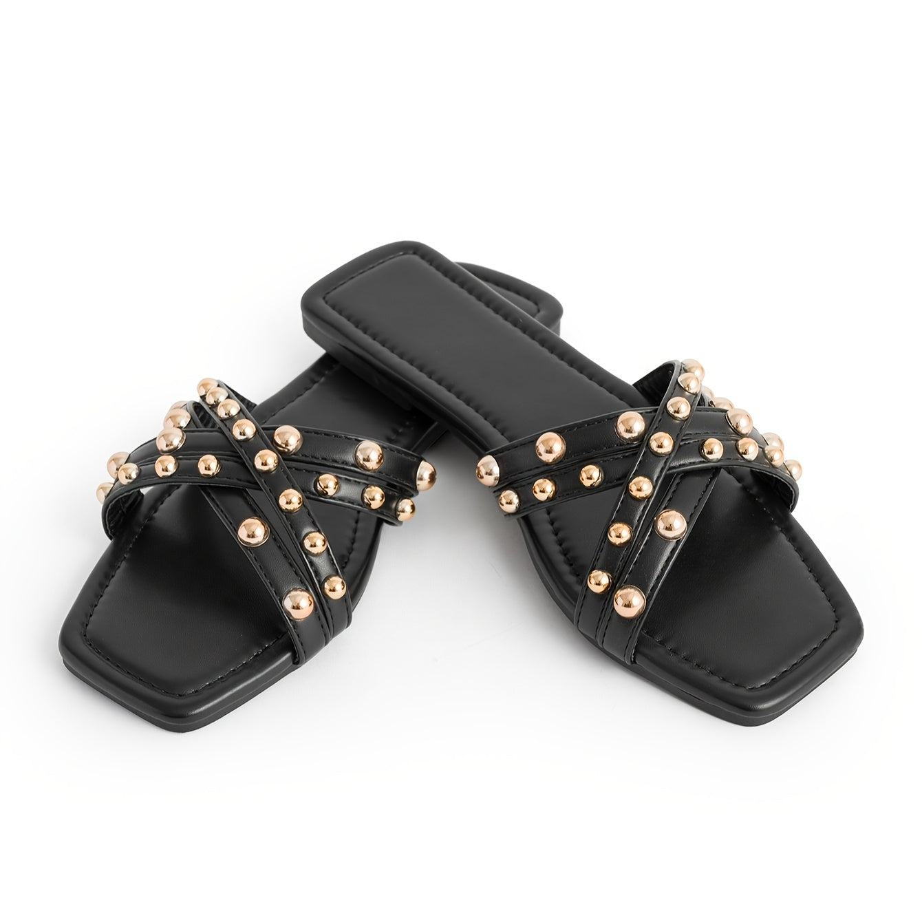 Women's Summer Rivet Embellished Square Toe Flat Sandals Casual Slip-On Open Toe Shoes