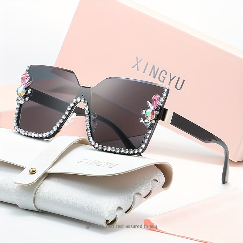 Large Square Rimless Sunglasses with Rhinestones and Gradient Lenses for Women