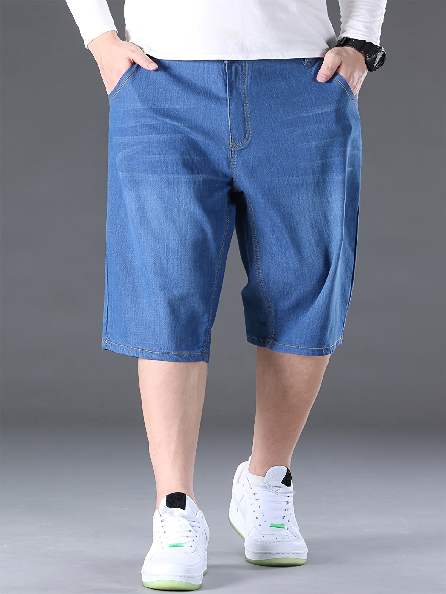 Plus Size Men's Denim Shorts Casual Blue Cotton Stretch Summer