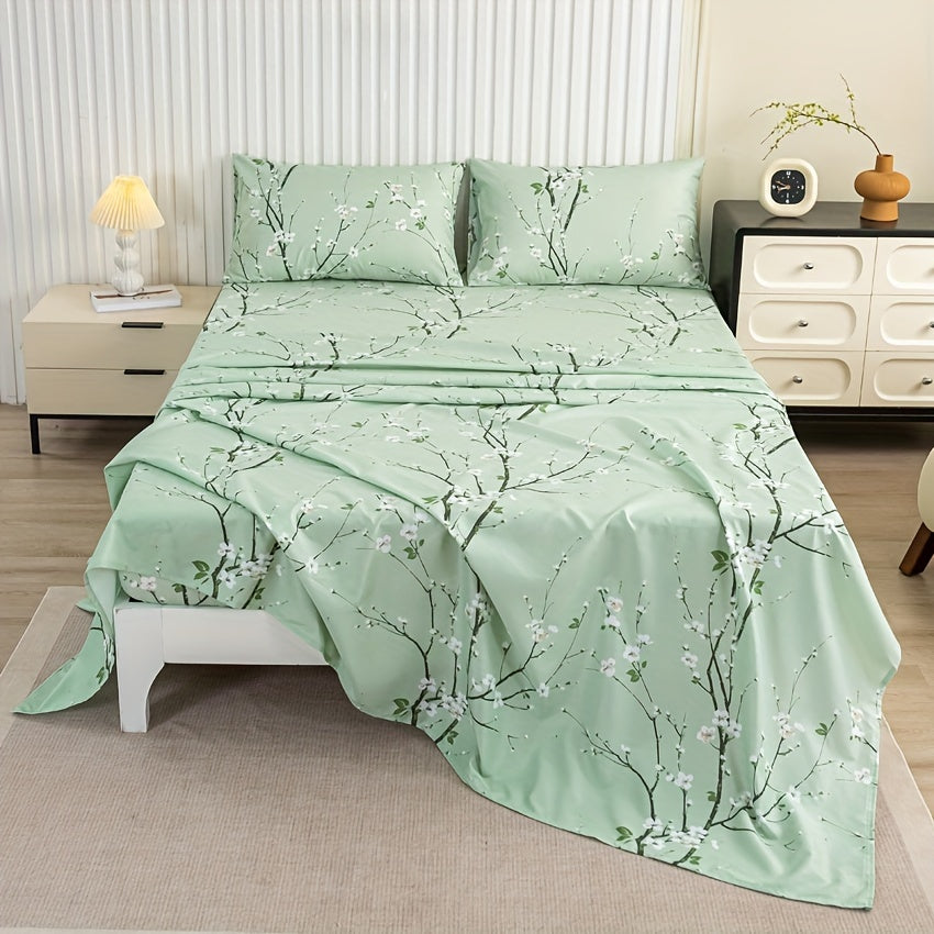 Floral Branch Microfiber Fitted Sheet Set with Deep Pockets and Pillowcases