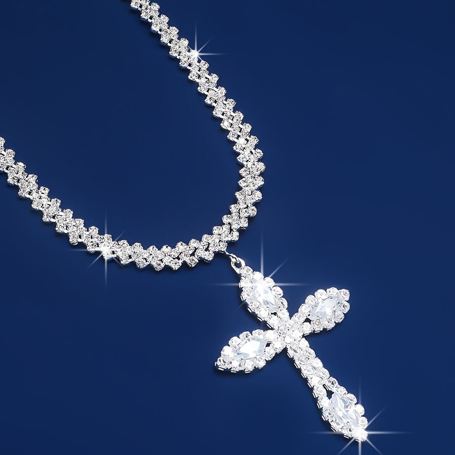 Women's Silver Rhinestone Cross Pendant Necklace Religious Jewelry