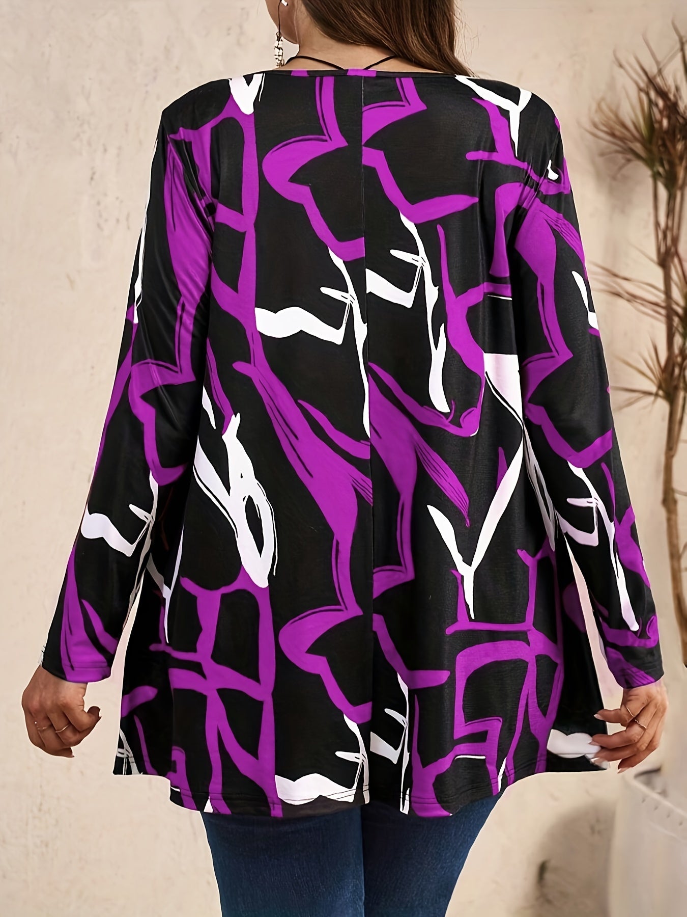 Ayollar uchun Katta O'lchamdagi Rangli Blokli Printli Crew Neck T-shirt, Bahor va Kuz uchun Norasmiy Uzoq Yengli Yuzi