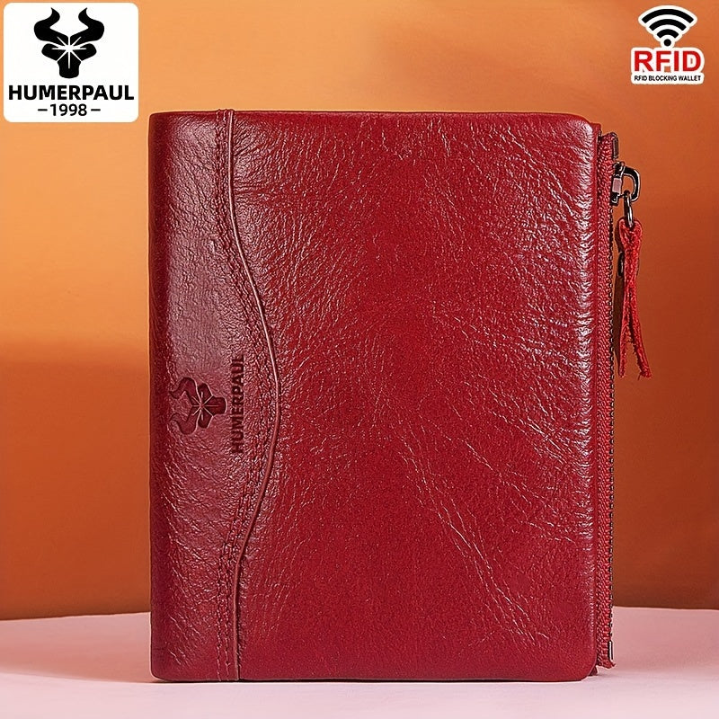 Women's RFID Blocking Red Leather Vintage Wallet with Zipper Closure